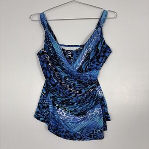 Miraclesuit Tankini Top Womens 12 Blue Animal Print Layered Padded Swim Top